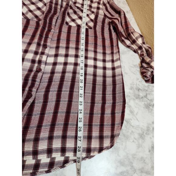 Cato Womens Red White Plaid Flannel Roll Tab Sleeve Button Down Shirt Size Large - Picture 6 of 6